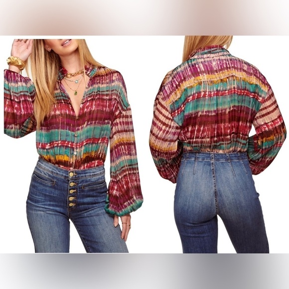 RAMY BROOK Vance Balloon Sleeve Semi Sheer Metallic Button Down Blouse Top Small - Picture 3 of 10